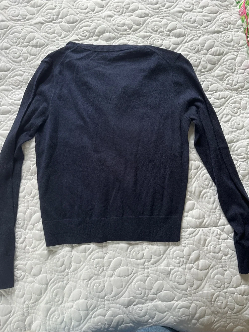 J. Crew Navy Cardigan with Bright Pink Embroidery
